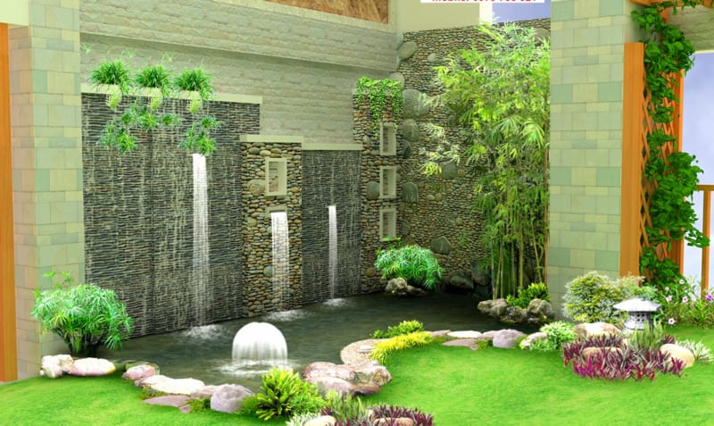 Trang trí thêm tiểu cảnh về nước, đá và cây xanh để tăng sự tươi mới cho sân vườn
