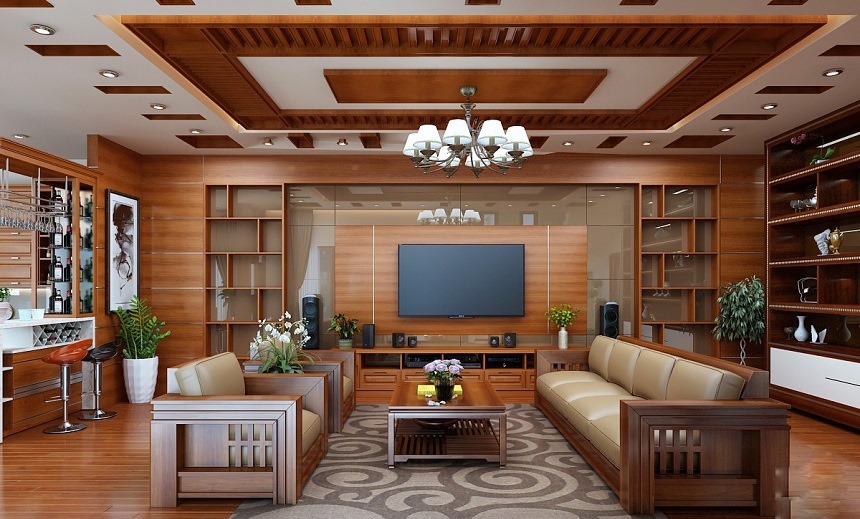 Thiết kế phòng khách bằng chất liệu gỗ sẽ khiến căn phòng khách vô cùng sang trọng